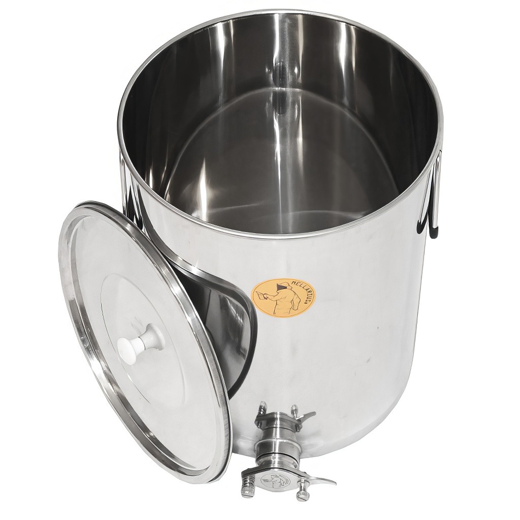 Abfüllkübel 35 kg aus Rostfrei-Quetschhahn Mellarius