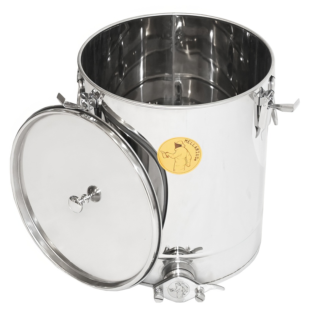 Abfüllkübel 35 kg aus Rostfrei-Quetschhahn und Spannverschlüssen Mellarius