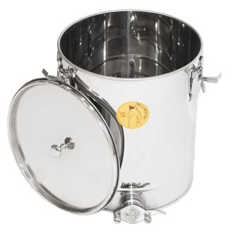 Abfüllkübel 35 kg aus Rostfrei-Quetschhahn und Spannverschlüssen Mellarius