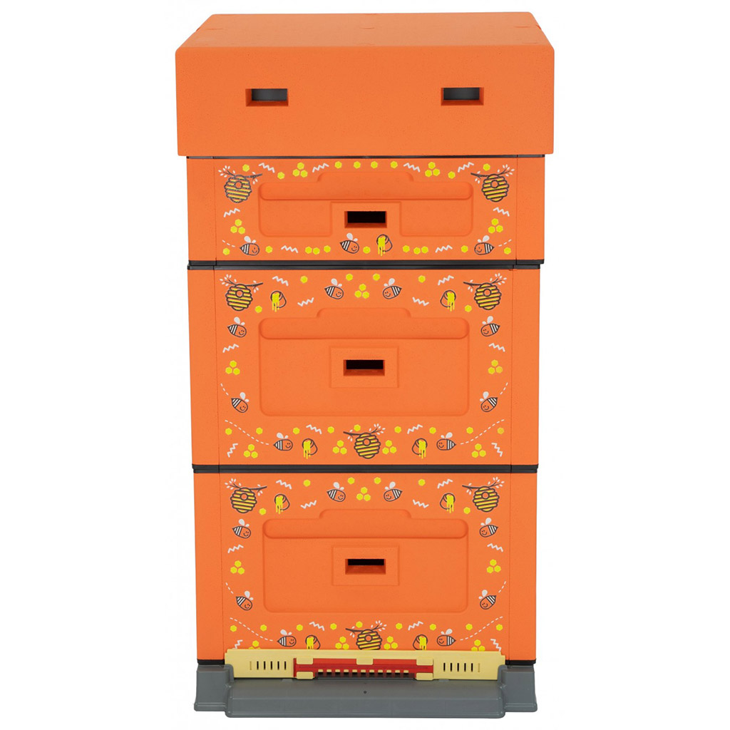 Dadant OPTIMA Bienenstock, lackiert (orange), Druck – Biene, aufgeklappt