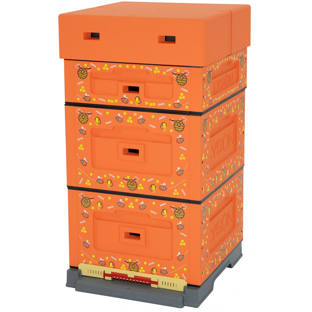 Dadant OPTIMA Bienenstock, lackiert (orange), Druck – Biene, aufgeklappt